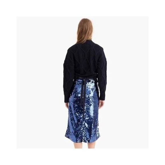 NWT J.Crew Collection Sequin Midi in Navy Blue Tie Waist Straight Skirt 00 $228 - Picture 5 of 9